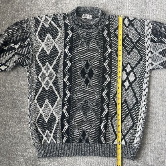 Vintage Sweater Mens Large Black White Cosby 80s Argyle Knit Striped Area by Tag - Picture 6 of 8